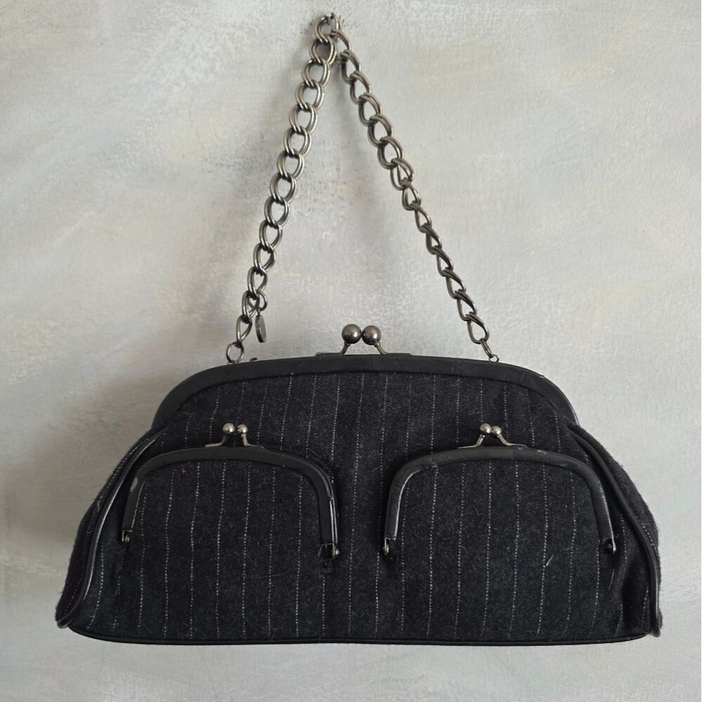 Black Gray Pinstripe Baguette Chain Strap Kiss Lock Issac Mizrahi Target 10x6x3